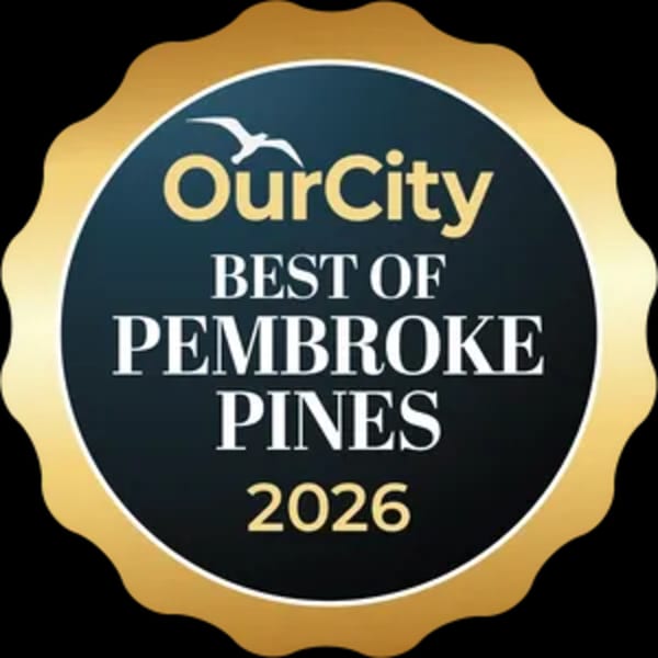 OurCity Best of Pembroke Pines 2026 award badge, gold and dark blue.