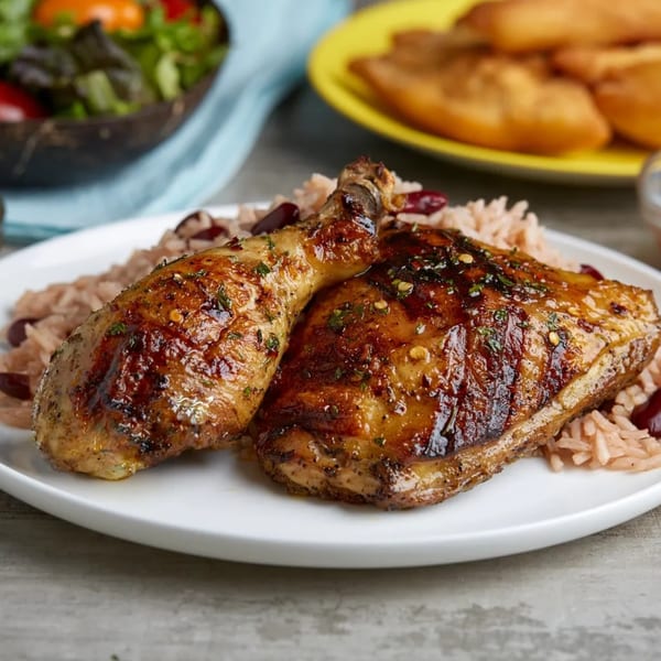Two pieces of Fiery Irie Jamaican jerk chicken with rice and peas on a white plate.