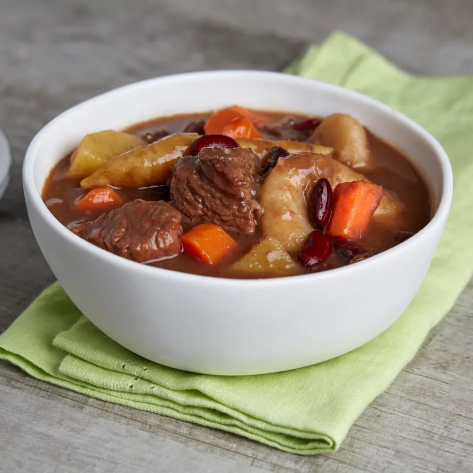 A white bowl of Jamaican beef stew with carrots, potatoes, and beans on a green napkin.