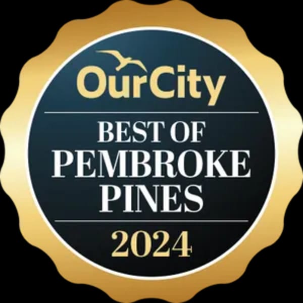 OurCity Best of Pembroke Pines 2024 award badge in gold and dark blue.