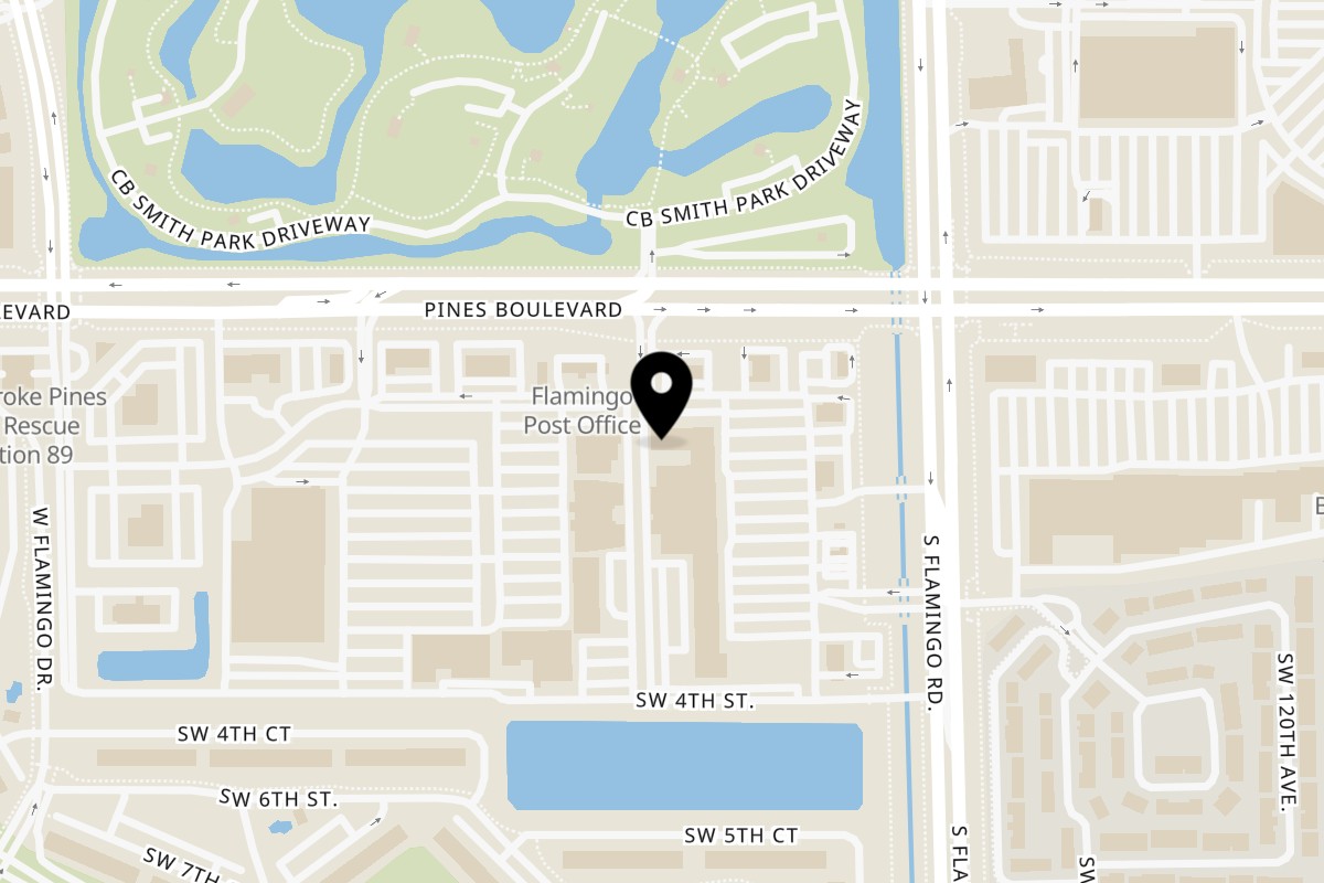 Map showing the location of Fiery Irie Jamaican Restaurant on 100 South Flamingo Road in Pembroke Pines